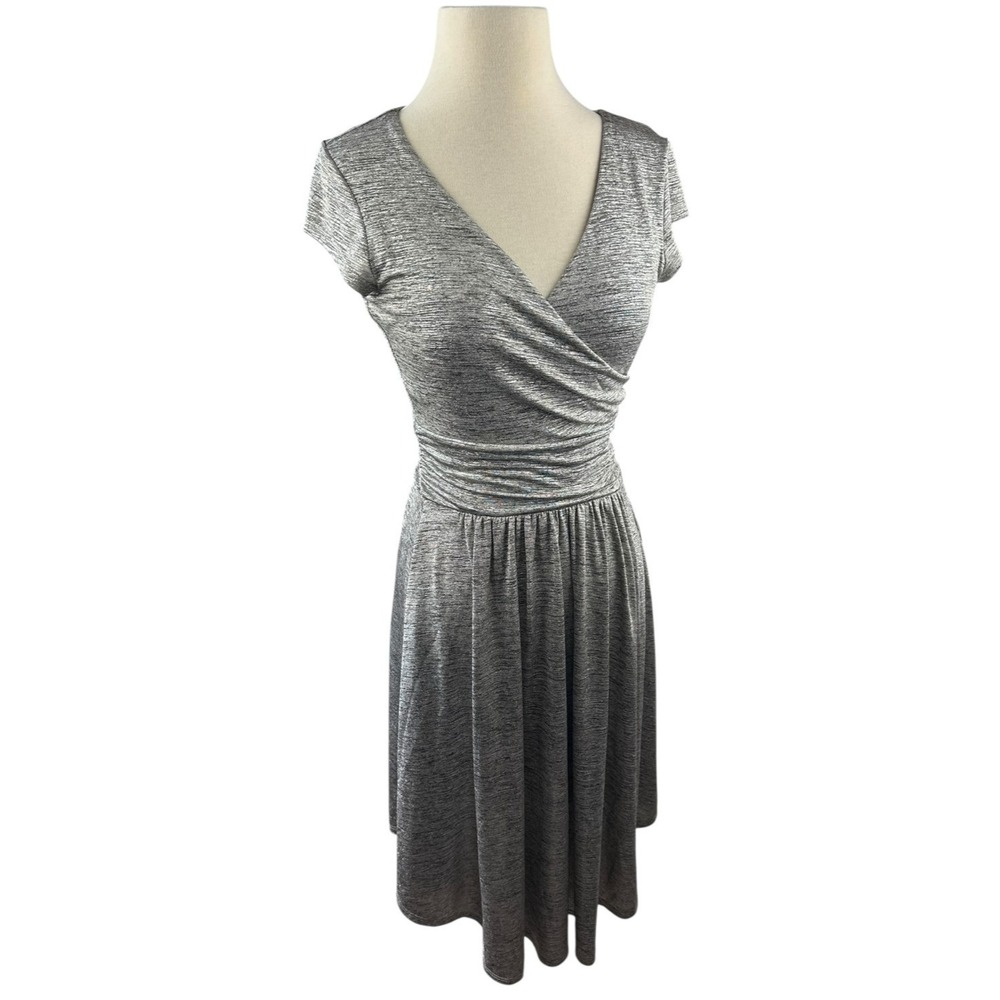 Maeve  x Anthropologie Tamera Metallic Silver Shimmer Jersey Dress Faux Wrap XS - Picture 2 of 16
